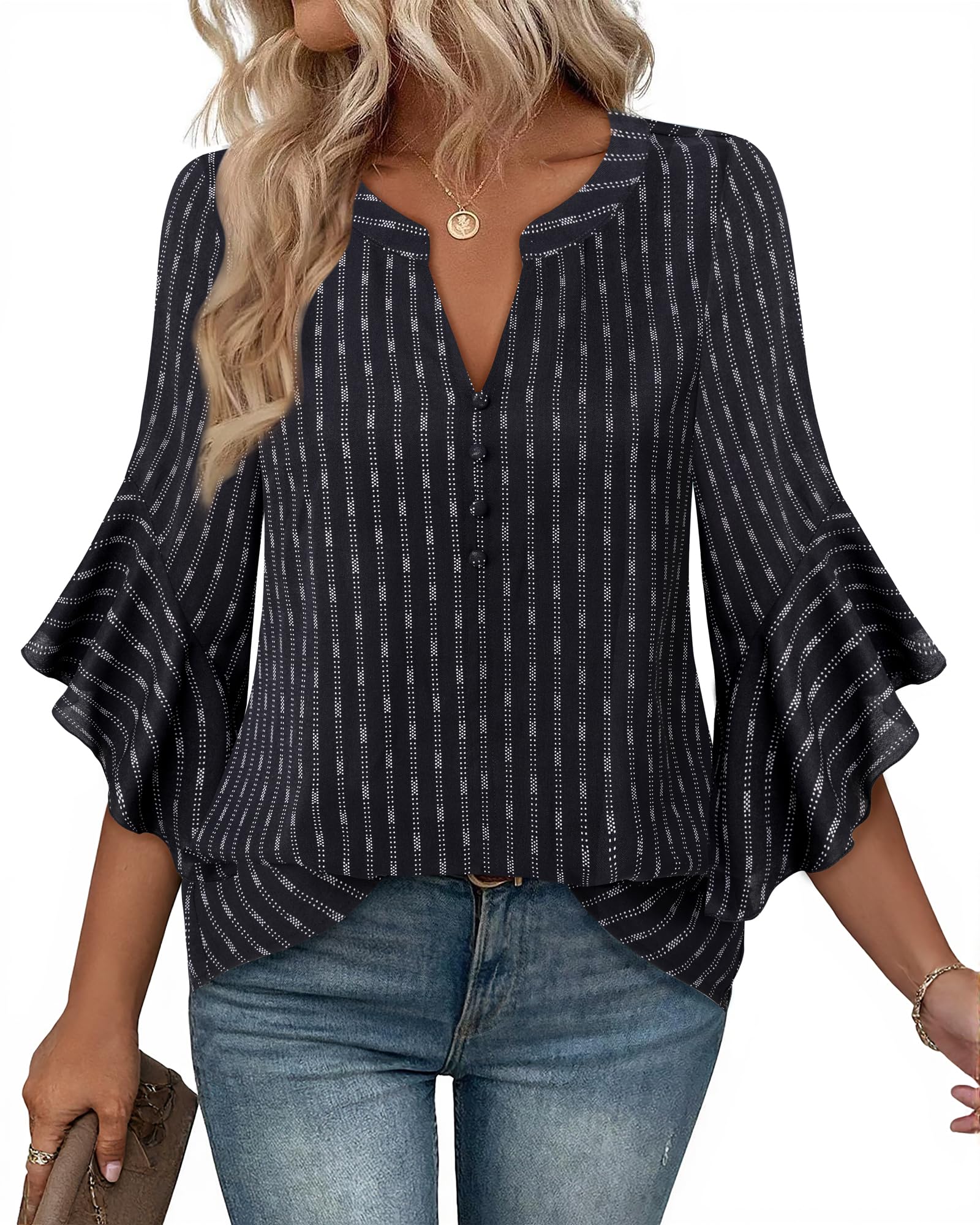 Bebonnie Womens Tops Dressy Casual Ruffle 3/4 Sleeve Henley V Neck Chiffon Blouses with Buttons